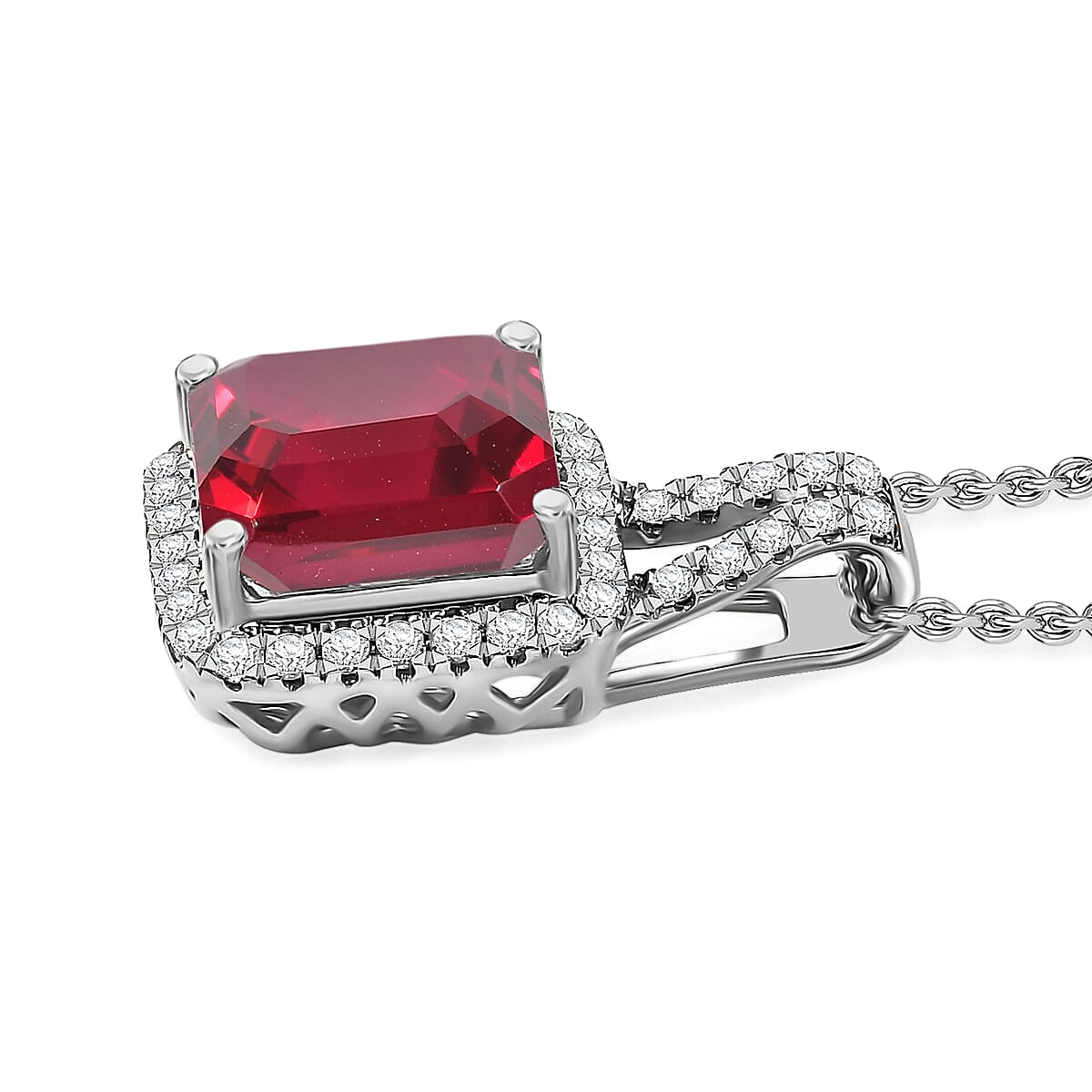 D'Joy Asscher Cut Lab Grown Ruby and Moissanite 4.50 ctw Pendant Necklace in Rhodium Over Sterling Silver 20 Inches