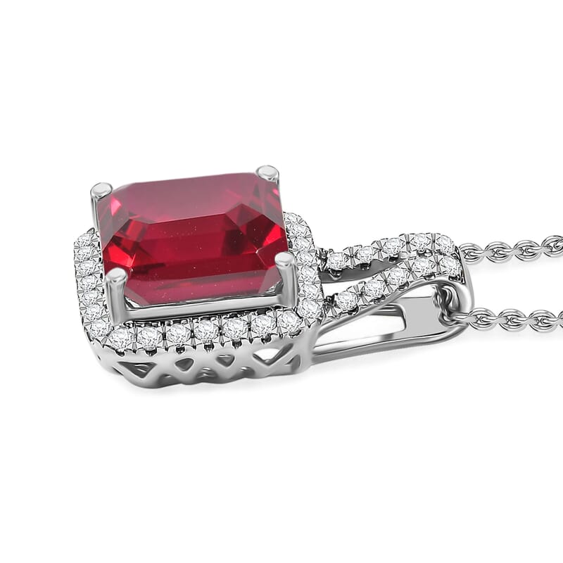 D'Joy Asscher Cut Lab Grown Ruby and Moissanite 4.50 ctw Pendant Necklace in Rhodium Over Sterling Silver 20 Inches