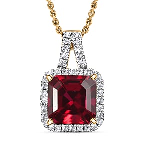 D'Joy Asscher Cut Lab Grown Ruby and Moissanite 4.50 ctw Pendant Necklace in 18K Vermeil Yellow Gold Over Sterling Silver 20 Inches