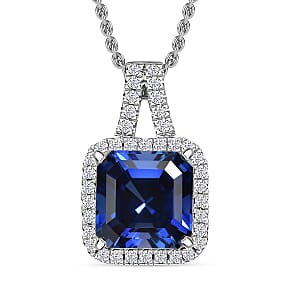 D'Joy Asscher Cut Lab Grown Ceylon Blue Sapphire and Moissanite 4.50 ctw Pendant Necklace in Rhodium Over Sterling Silver 20 Inches