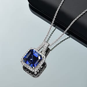 D'Joy Asscher Cut Lab Grown Ceylon Blue Sapphire and Moissanite 4.50 ctw Pendant Necklace in Rhodium Over Sterling Silver 20 Inches