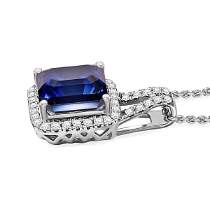 D'Joy Asscher Cut Lab Grown Ceylon Blue Sapphire and Moissanite 4.50 ctw Pendant Necklace in Rhodium Over Sterling Silver 20 Inches