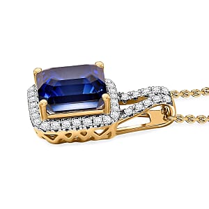 D'Joy Asscher Cut Lab Grown Ceylon Blue Sapphire and Moissanite 4.50 ctw Pendant Necklace in 18K Vermeil Yellow Gold Over Sterling Silver 20 Inches