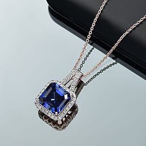 D'Joy Asscher Cut Lab Grown Ceylon Blue Sapphire and Moissanite 4.50 ctw Pendant Necklace in 18K Vermeil Rose Gold Over Sterling Silver 20 Inches