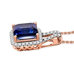D'Joy Asscher Cut Lab Grown Ceylon Blue Sapphire and Moissanite 4.50 ctw Pendant Necklace in 18K Vermeil Rose Gold Over Sterling Silver 20 Inches