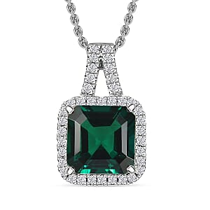 D'Joy Asscher Cut Lab Grown Emerald and Moissanite 4.50 ctw Pendant Necklace in Rhodium Over Sterling Silver 20 Inches