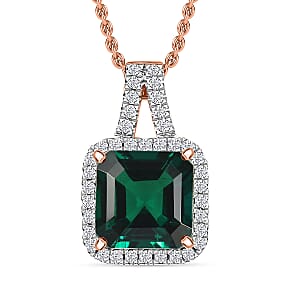 D'Joy Asscher Cut Lab Grown Emerald and Moissanite 4.50 ctw Pendant Necklace in 18K Vermeil Rose Gold Over Sterling Silver 20 Inches