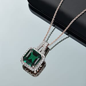 D'Joy Asscher Cut Lab Grown Emerald and Moissanite 4.50 ctw Pendant Necklace in 18K Vermeil Rose Gold Over Sterling Silver 20 Inches