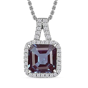 D'Joy Asscher Cut Lab Grown Alexandrite and Moissanite 4.50 ctw Pendant Necklace in Rhodium Over Sterling Silver 20 Inches