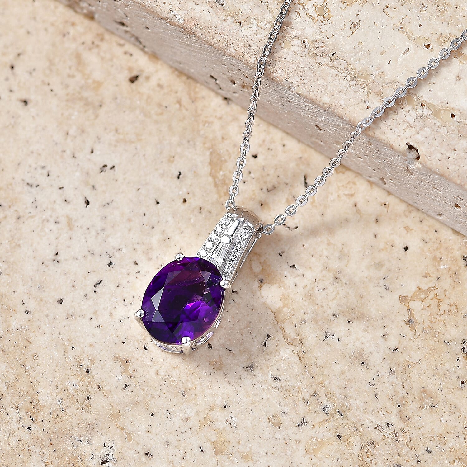D'Joy Premium Moroccan Amethyst and Moissanite 2.50 ctw Royal Frame Pendant Necklace in Rhodium Over Sterling Silver (20 Inches)