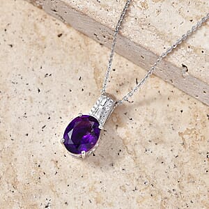 D'Joy Premium Moroccan Amethyst and Moissanite 2.50 ctw Royal Frame Pendant Necklace in Rhodium Over Sterling Silver (20 Inches)