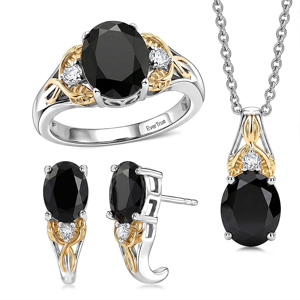 3 Piece Set - EverTrue Thai Black Spinel, White Zircon Midnight Forest Leaf Earrings, Ring (Size 5) and Pendant in Platinum Bond with Stainless Steel Necklace (20 Inches) 9.50 ctw