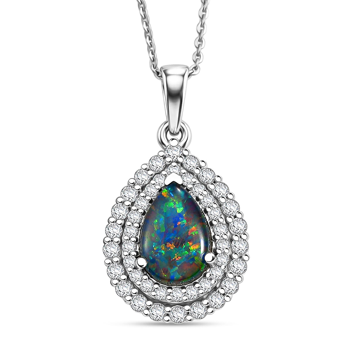 Certified & Appraised D'Joy Premium Australian Opal Triplet and Moissanite 2.10 ctw Pendant Necklace in Rhodium Over Sterling Silver 20 Inches
