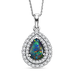 Certified & Appraised D'Joy Premium Australian Opal Triplet and Moissanite 2.10 ctw Pendant Necklace in Rhodium Over Sterling Silver 20 Inches 