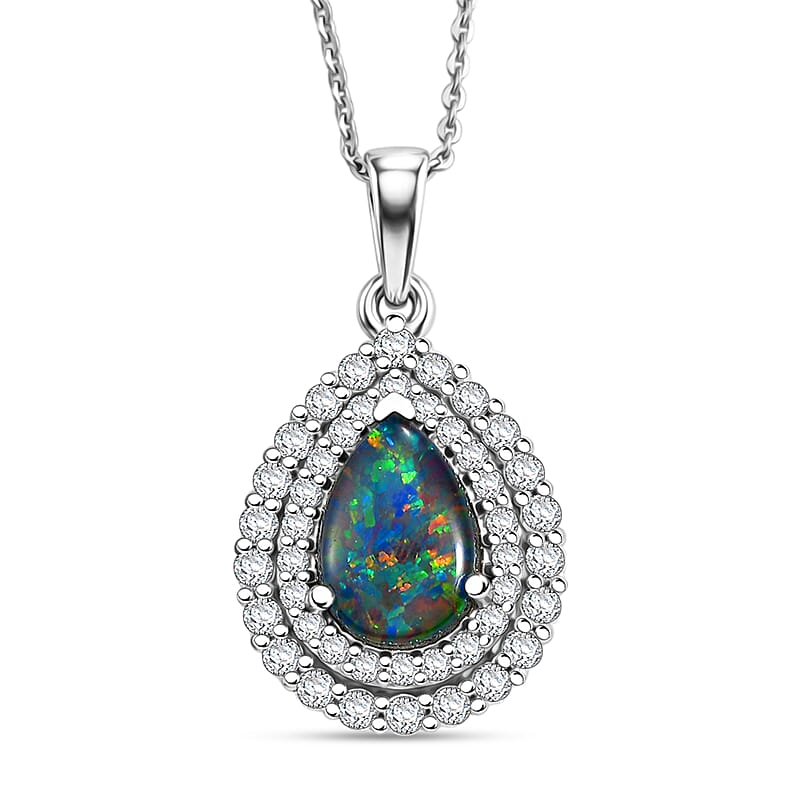 Certified & Appraised D'Joy Premium Australian Opal Triplet and Moissanite 2.10 ctw Pendant Necklace in Rhodium Over Sterling Silver 20 Inches