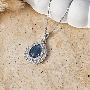 Certified & Appraised D'Joy Premium Australian Opal Triplet and Moissanite 2.10 ctw Pendant Necklace in Rhodium Over Sterling Silver 20 Inches 