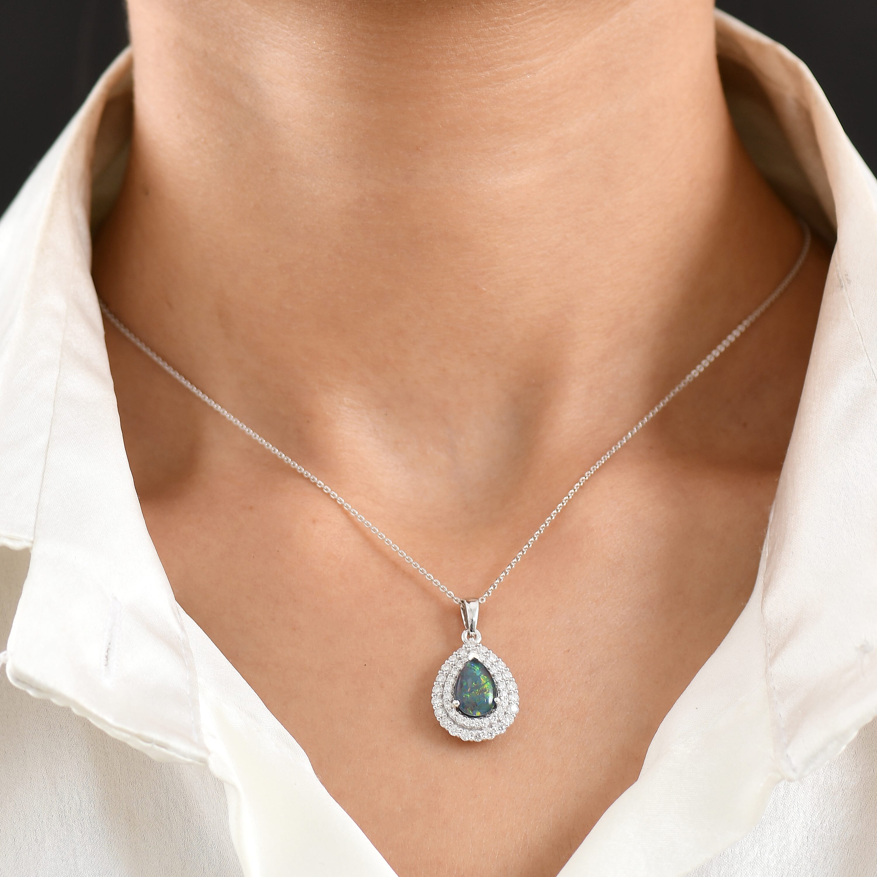 Certified & Appraised D'Joy Premium Australian Opal Triplet and Moissanite 2.10 ctw Pendant Necklace in Rhodium Over Sterling Silver 20 Inches