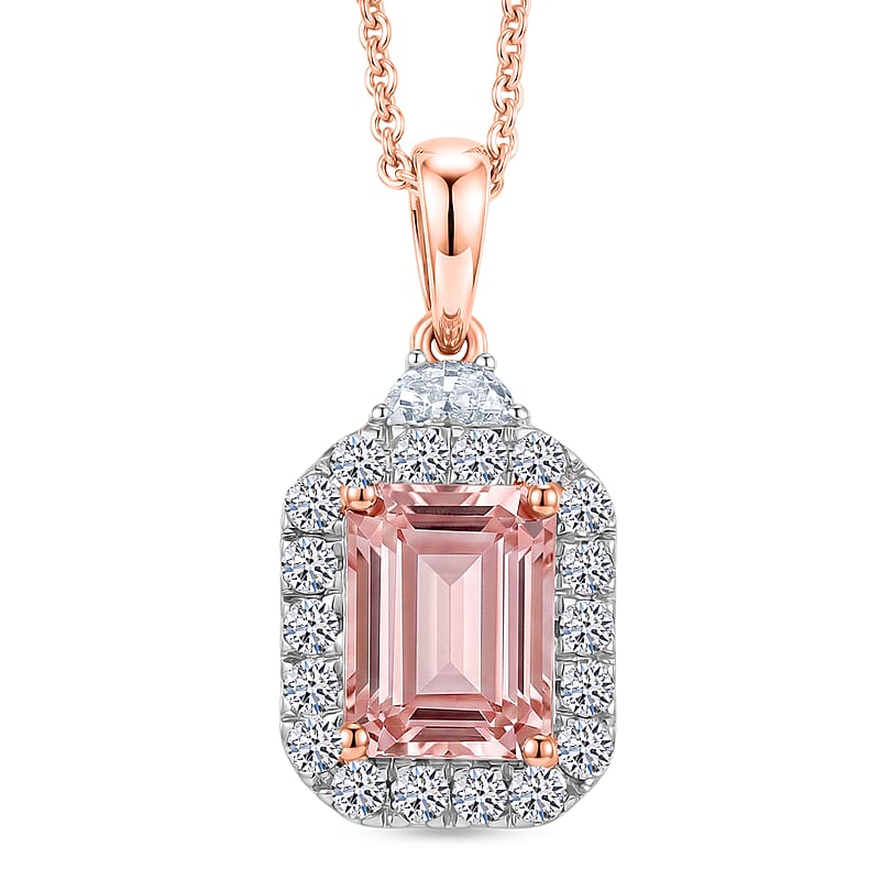 Certified and Appraised AAA Pink Morganite and Luxuriant Lab Grown Diamond G-H SI 1.80 ctw Pendant Necklace in 10K Rose Gold 20 Inches