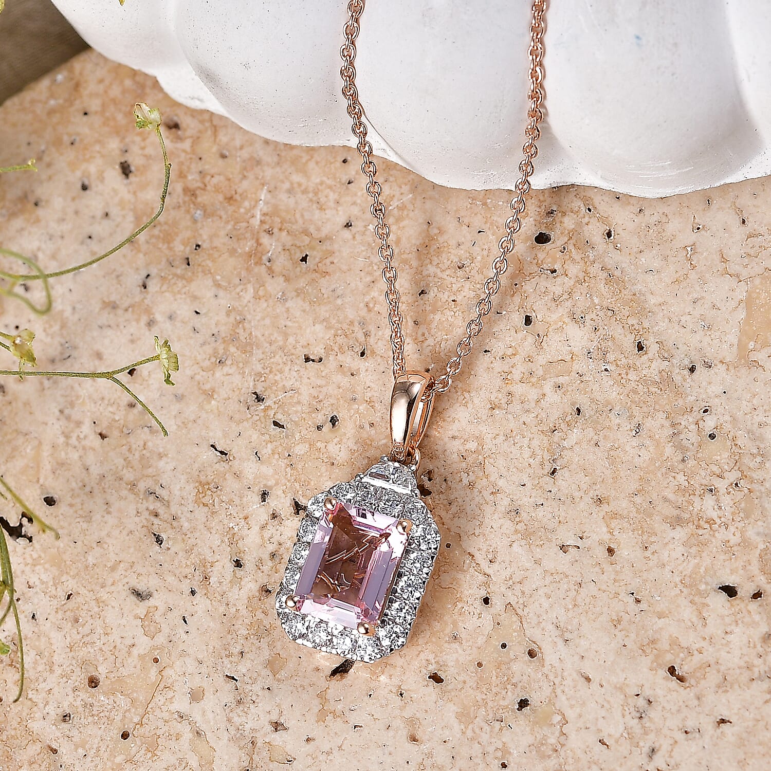 Certified and Appraised AAA Pink Morganite and Luxuriant Lab Grown Diamond G-H SI 1.80 ctw Pendant Necklace in 10K Rose Gold 20 Inches
