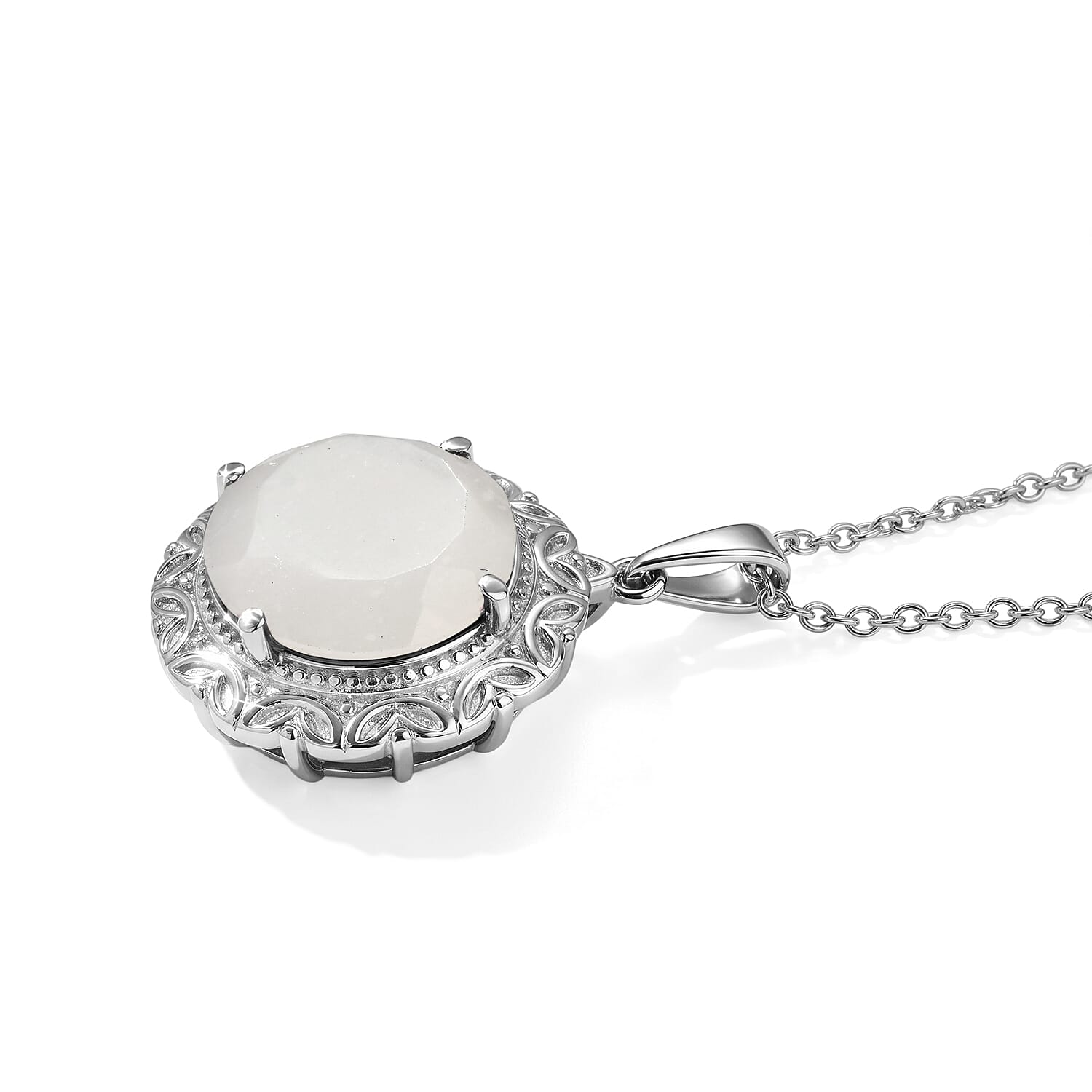 EverTrue White Moonstone 10.75 ctw Pendant Necklace (20 Inches) in Stainless Steel