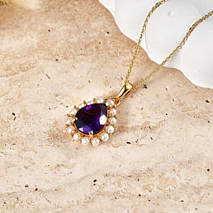 D'Joy AAA Zambian Amethyst and Freshwater Pearl Pearl 2.90 ctw Crown Pendant Necklace in 18K Vermeil Yellow Gold Over Sterling Silver 20 Inches