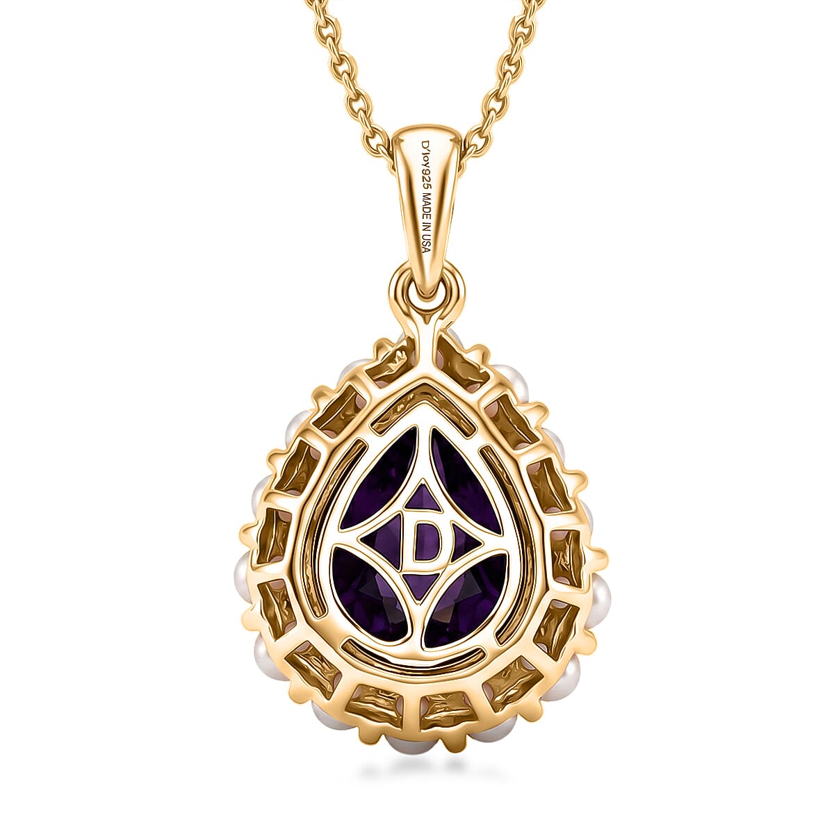 D'Joy AAA Zambian Amethyst and Freshwater Pearl Pearl 2.90 ctw Crown Pendant Necklace in 18K Vermeil Yellow Gold Over Sterling Silver 20 Inches
