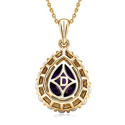 D'Joy AAA Zambian Amethyst and Freshwater Pearl Pearl 2.90 ctw Crown Pendant Necklace in 18K Vermeil Yellow Gold Over Sterling Silver 20 Inches