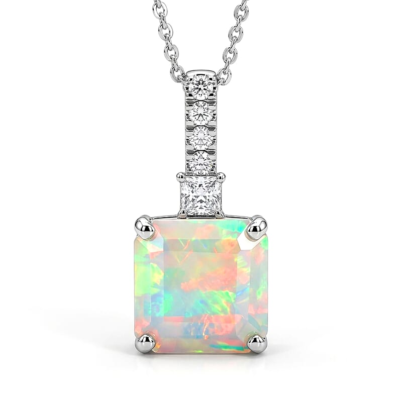 D'Joy AAA Ethiopian Welo Opal and Moissanite 3.35 ctw Dream Glow Pendant Necklace in Rhodium Over Sterling Silver 20 Inches