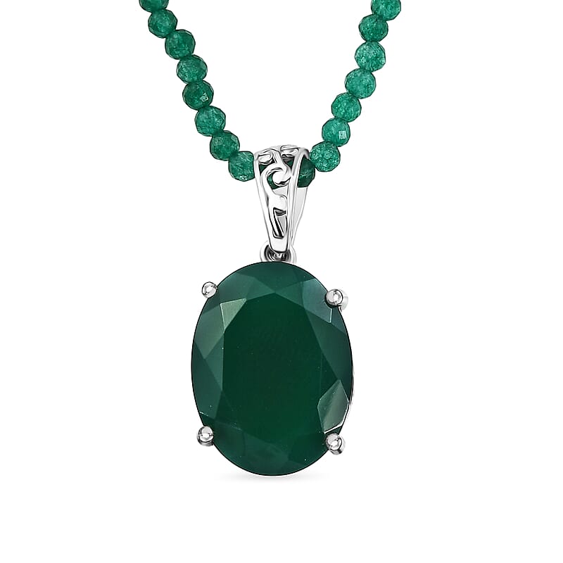 EverTrue Verde Onyx 68.00 ctw Forest Fall Pendant in Platinum Bond with Starling Silver Beaded Necklace 20 Inches