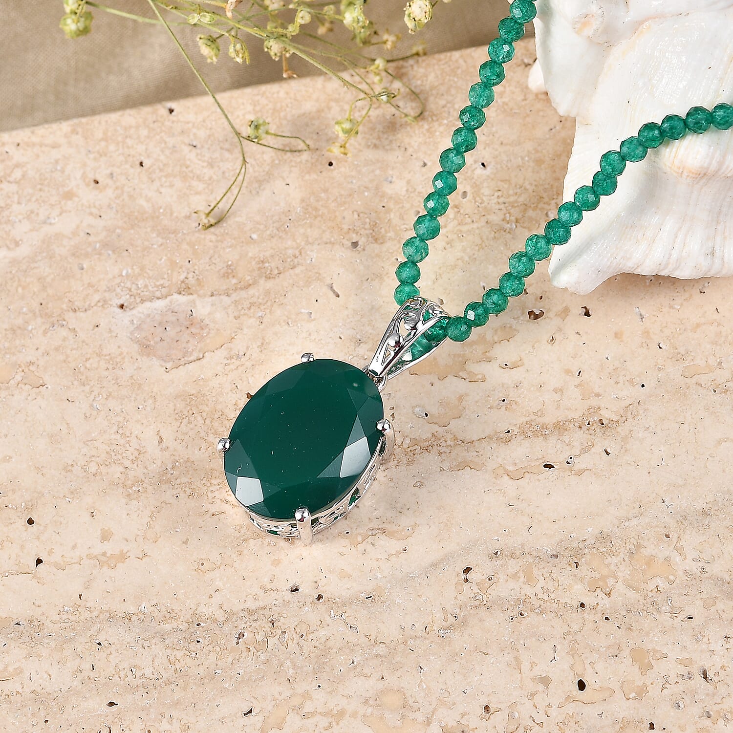 EverTrue Verde Onyx Pendant in Platinum Bond with Starling Silver Beaded Necklace (20 Inches) 68.00 ctw