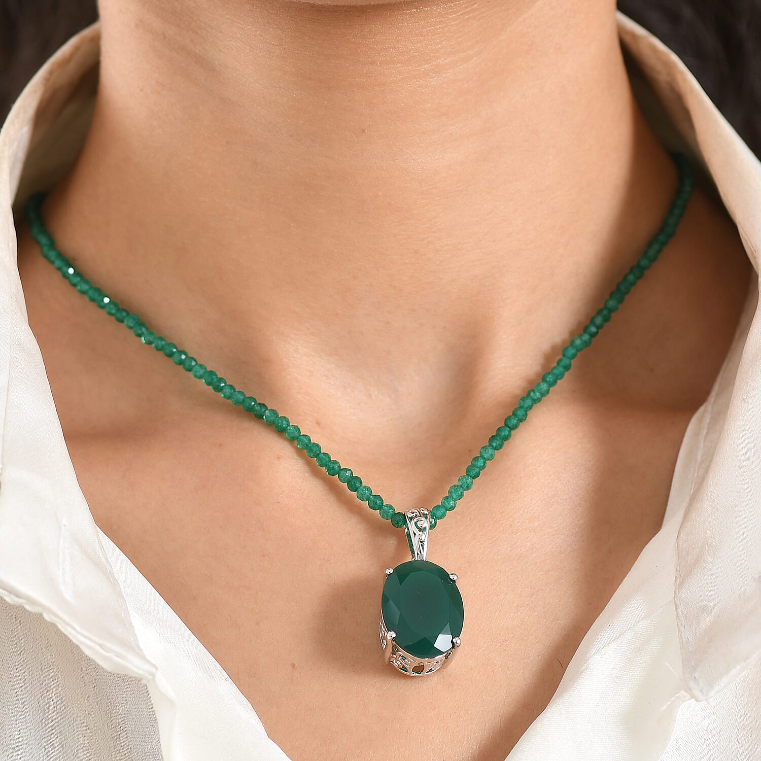 EverTrue Verde Onyx 68.00 ctw Forest Fall Pendant in Platinum Bond with Starling Silver Beaded Necklace 20 Inches