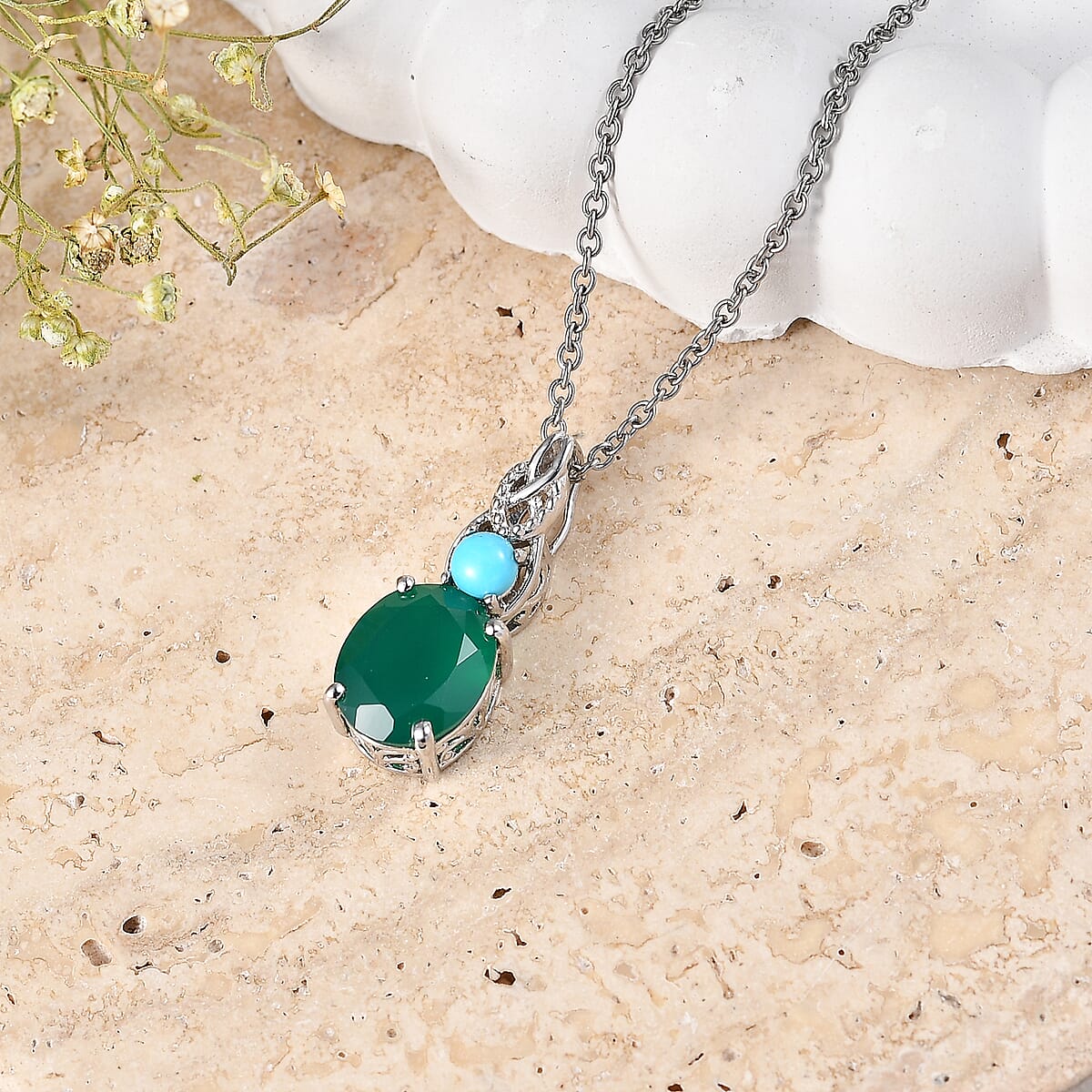 EverTrue Verde Onyx and Sleeping Beauty Turquoise 3.35 ctw Secret Bloom Pendant in Platinum Bond with Stainless Steel Necklace 20 Inches image number 1