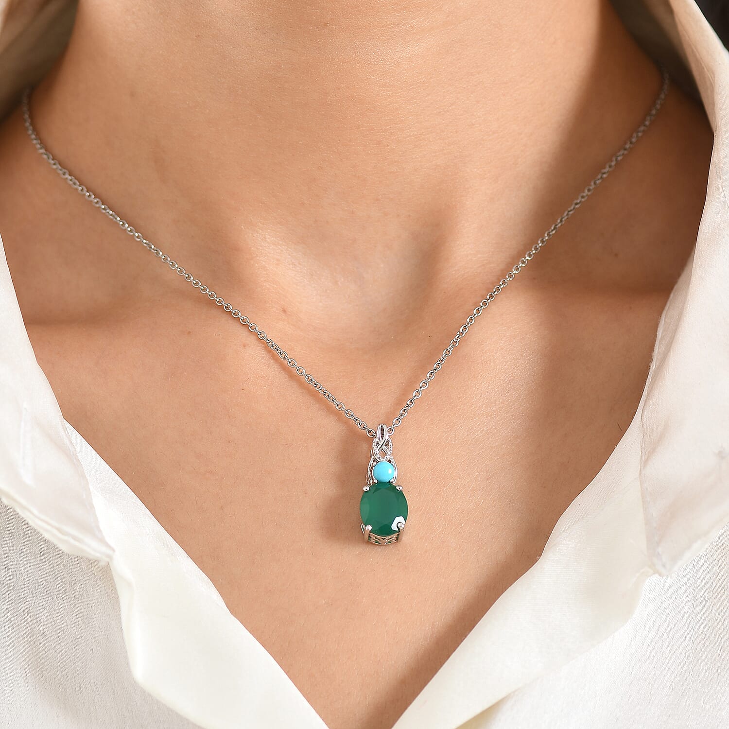 EverTrue Verde Onyx and Sleeping Beauty Turquoise 3.35 ctw Secret Bloom Pendant in Platinum Bond with Stainless Steel Necklace 20 Inches