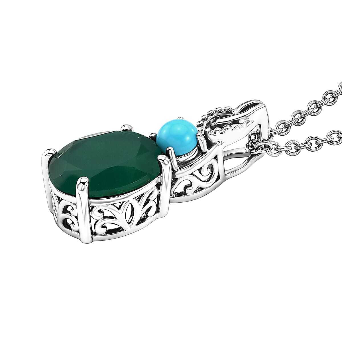 EverTrue Verde Onyx and Sleeping Beauty Turquoise 3.35 ctw Secret Bloom Pendant in Platinum Bond with Stainless Steel Necklace 20 Inches image number 3