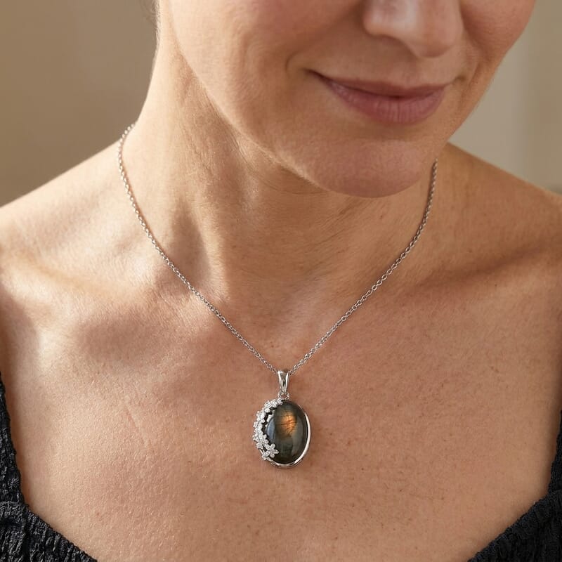 EverTrue Madagascar Fire Labradorite and White Zircon 13.00 ctw Pendant in Platinum Bond with Stainless Steel Necklace 20 Inches
