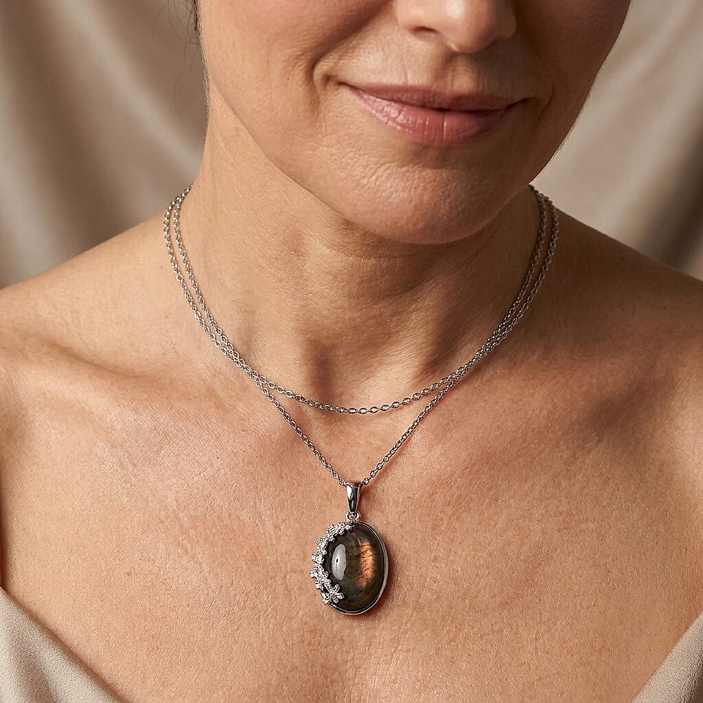 EverTrue Madagascar Fire Labradorite and White Zircon 13.00 ctw Pendant in Platinum Bond with Stainless Steel Necklace 20 Inches