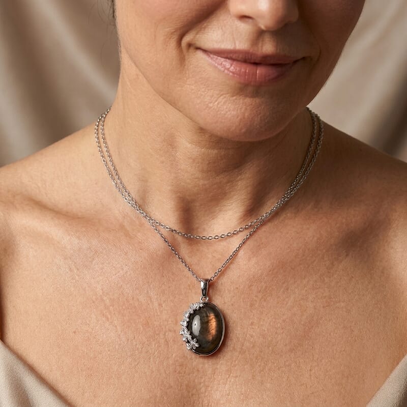 EverTrue Madagascar Fire Labradorite and White Zircon 13.00 ctw Pendant in Platinum Bond with Stainless Steel Necklace 20 Inches