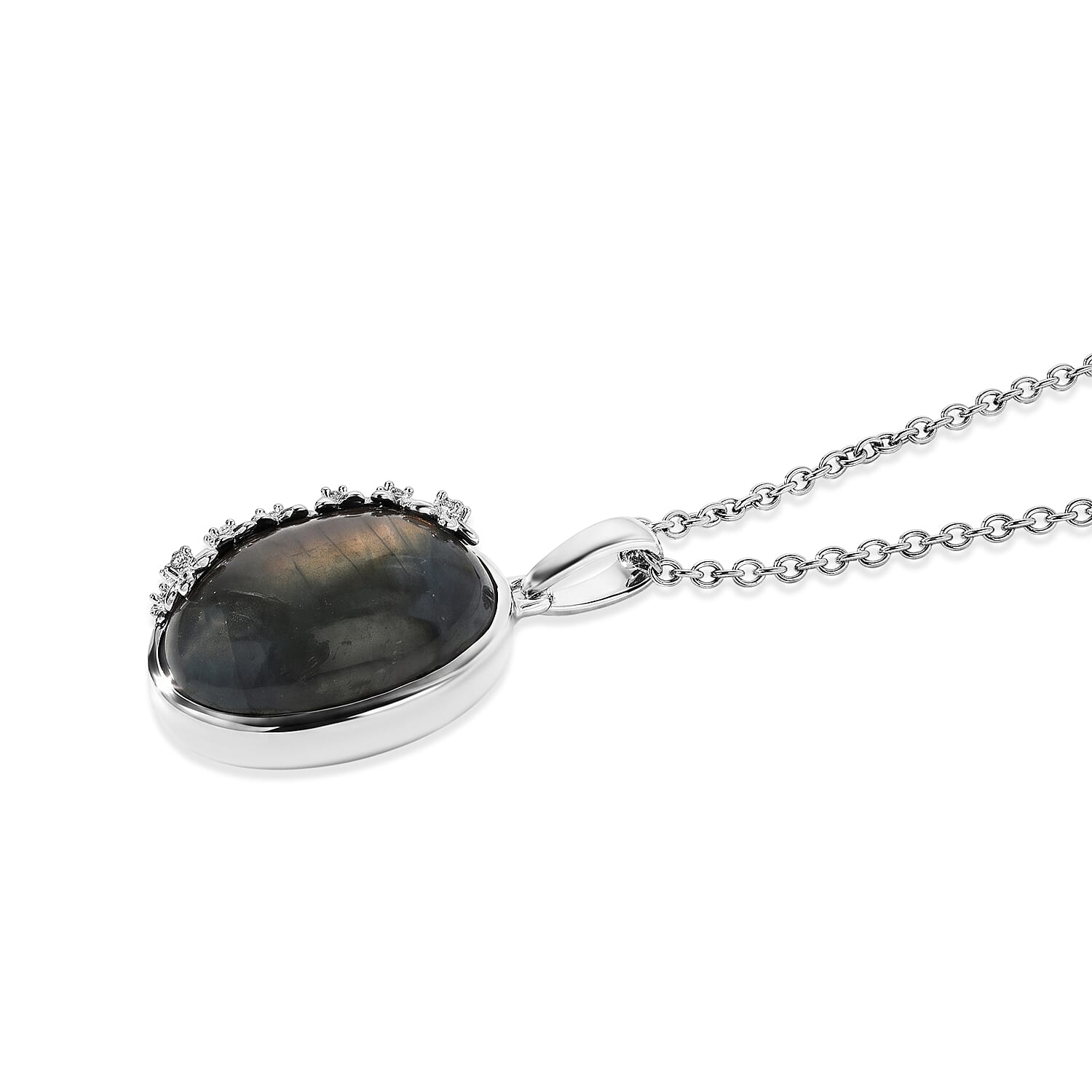 EverTrue Madagascar Fire Labradorite and White Zircon 13.00 ctw Pendant in Platinum Bond with Stainless Steel Necklace 20 Inches