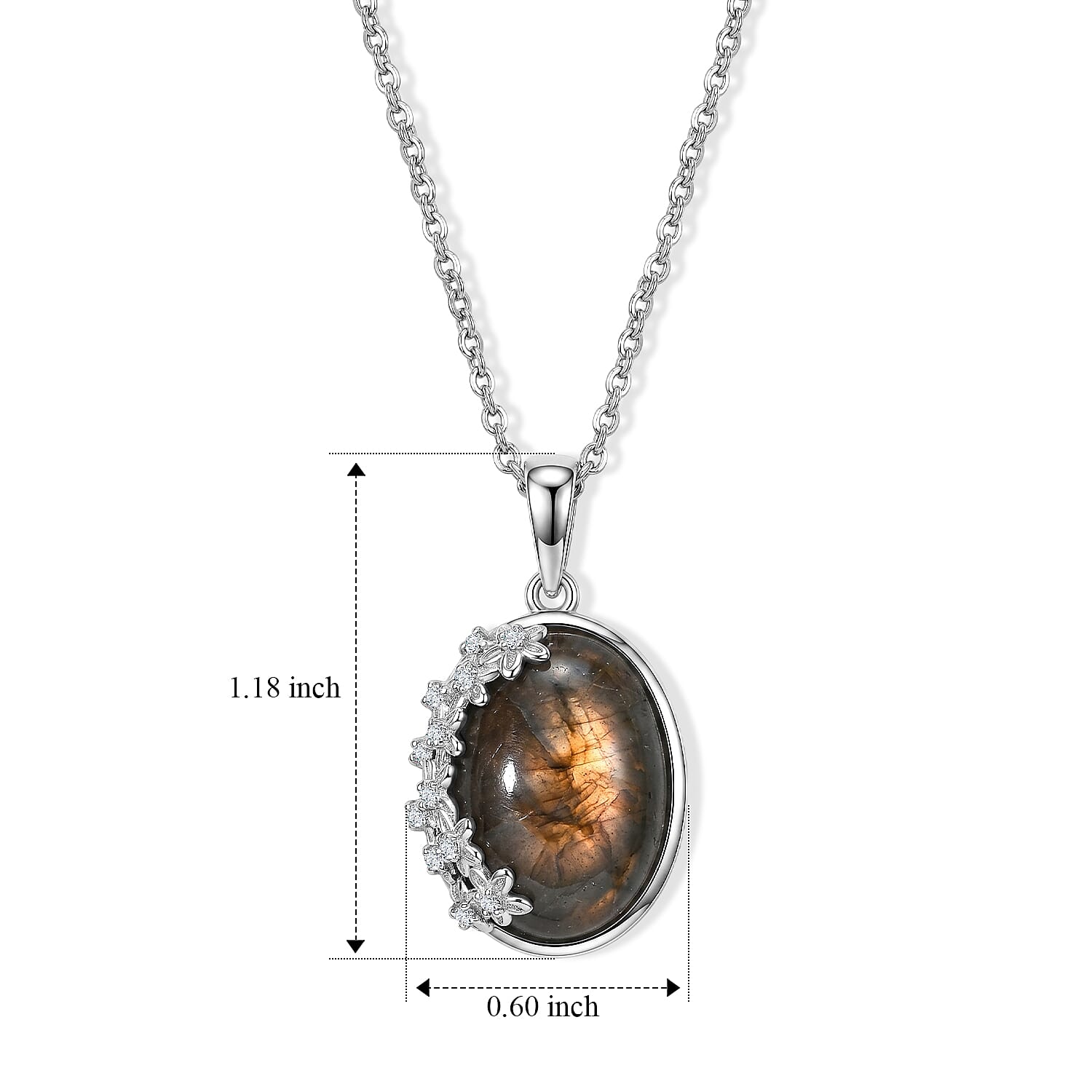 EverTrue Madagascar Fire Labradorite and White Zircon 13.00 ctw Pendant in Platinum Bond with Stainless Steel Necklace 20 Inches