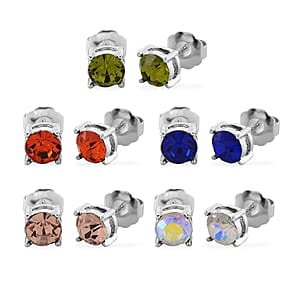 Multi Color Austrian Crystal Set of 5 Solitaire Stud Earrings in Silvertone and Stainless Steel