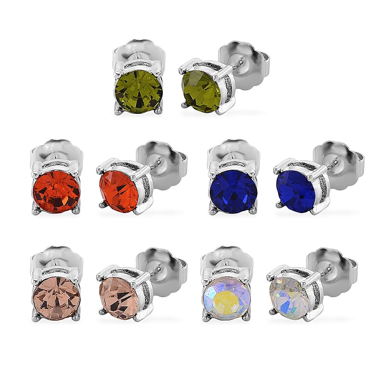 Multi Color Austrian Crystal Set of 5 Solitaire Stud Earrings in Silvertone and Stainless Steel