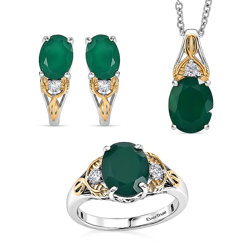 EverTrue Verde Onyx and White Zircon 7.25 ctw Enchanted Forest Earrings, Ring (Size 5) and Pendant in 18K YG Plated and Platinum Bond with Stainless Steel Necklace (20 Inches)