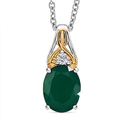 EverTrue Verde Onyx and White Zircon 7.25 ctw Enchanted Forest Earrings, Ring (Size 5) and Pendant in 18K YG Plated and Platinum Bond with Stainless Steel Necklace (20 Inches)
