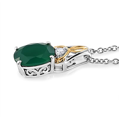 EverTrue Verde Onyx and White Zircon 7.25 ctw Enchanted Forest Earrings, Ring (Size 5) and Pendant in 18K YG Plated and Platinum Bond with Stainless Steel Necklace (20 Inches)