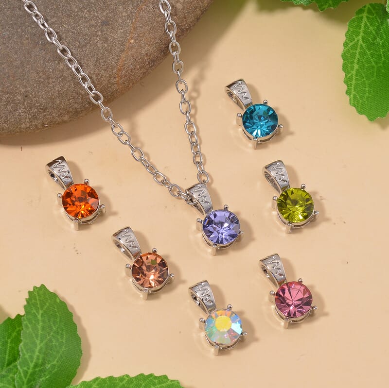 Multi Color Austrian Crystal Set of 7 Pendants Necklace (20 Inches) in Silvertone