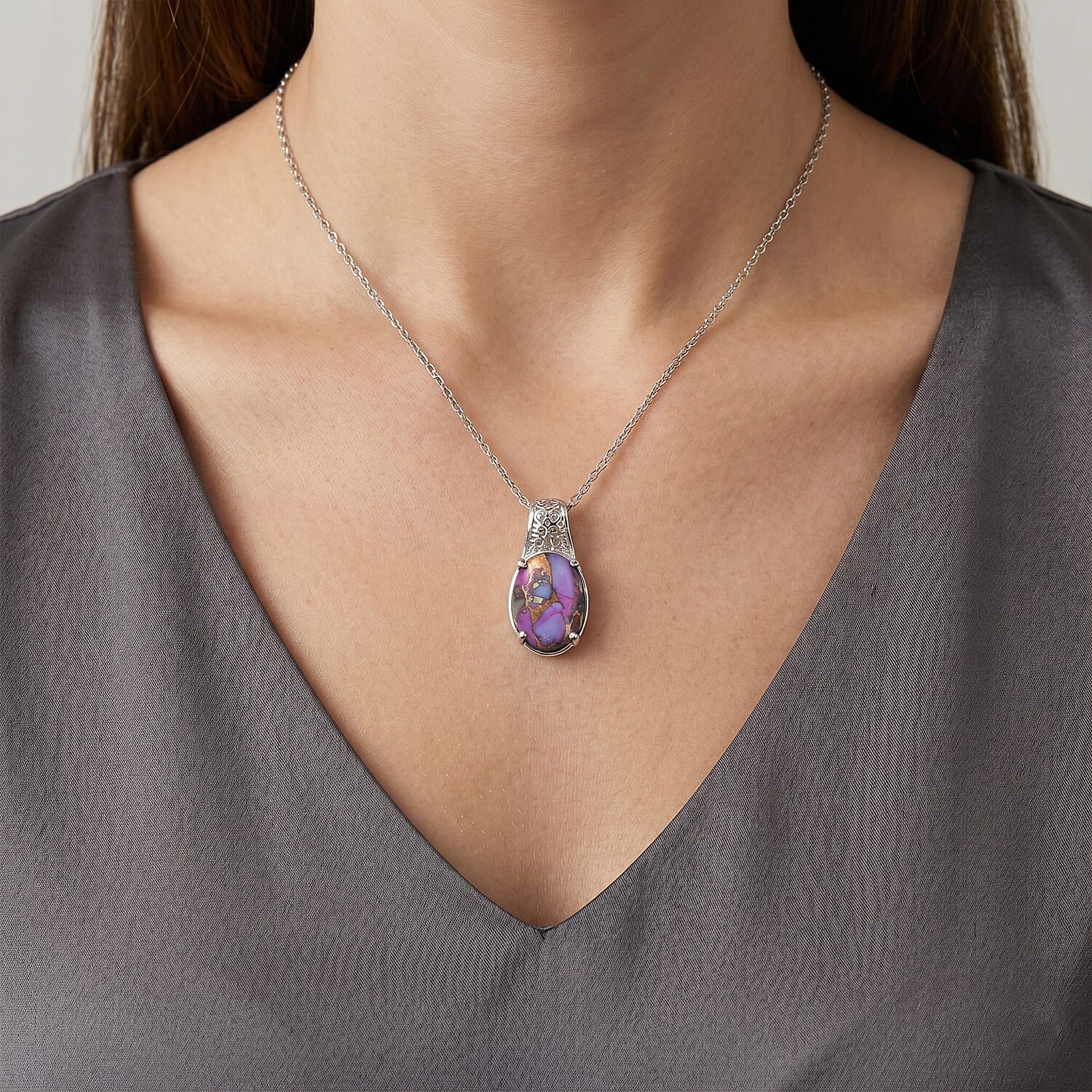 EverTrue Mojave Purple Turquoise 5.80 ctw Pendant Necklace in Stainless Steel 20 Inches