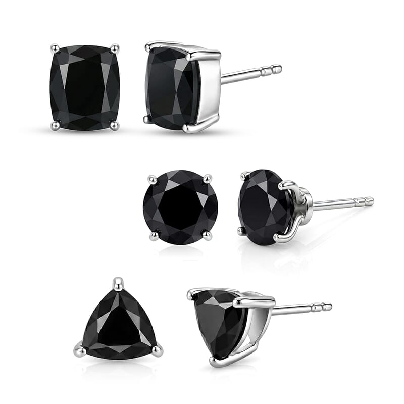 EverTrue Thai Black Spinel 14.25 ctw Set of 3 Solitaire Stud Glow Earrings in Platinum Bond