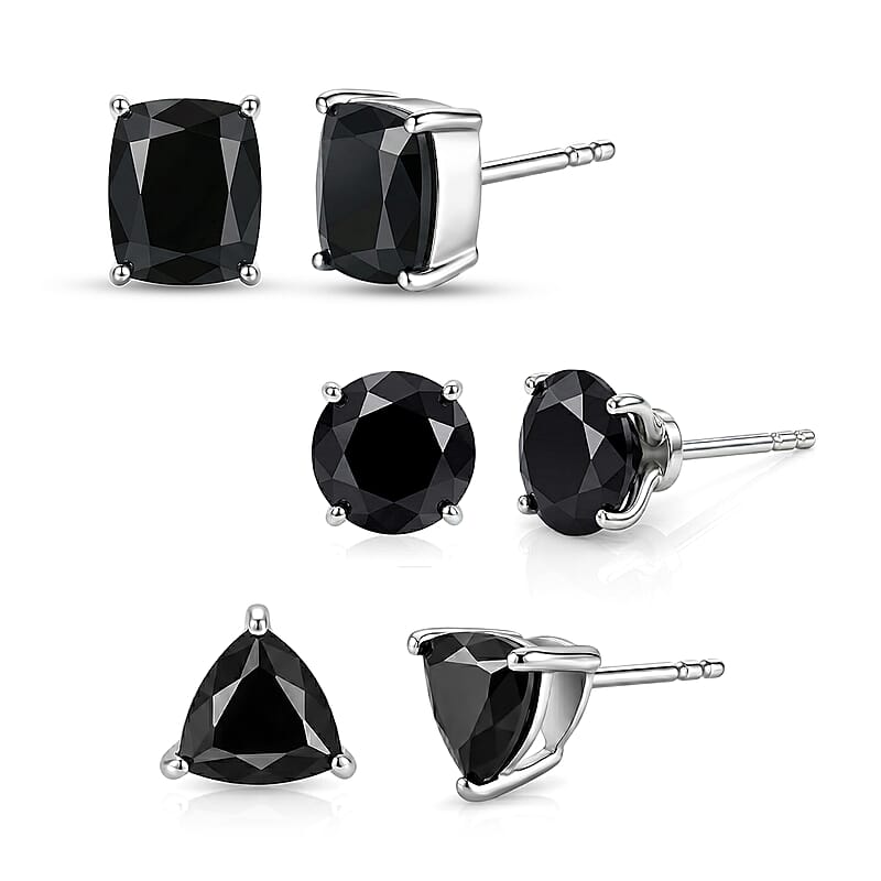 EverTrue Thai Black Spinel 14.25 ctw Set of 3 Solitaire Stud Glow Earrings in Platinum Bond