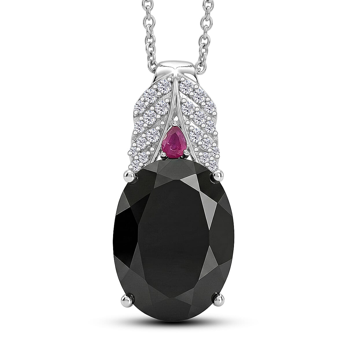 EverTrue Thai Black Spinel 20.30 ctw Midnight Royal Garden Pendant with Fissure-Filled Ruby & White Zircon Accents in Platinum Bond with Stainless Steel Necklace (20 Inches)