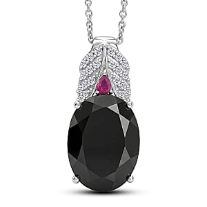 EverTrue Thai Black Spinel 20.30 ctw Midnight Royal Garden Pendant with Fissure-Filled Ruby & White Zircon Accents in Platinum Bond with Stainless Steel Necklace (20 Inches)